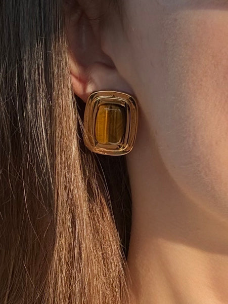 PENELOPE STUD GOLD & BROWN EARRINGS WITH SEMI PRECIOUS STONES IN HIGH QUALITY STAINLESS STEEL