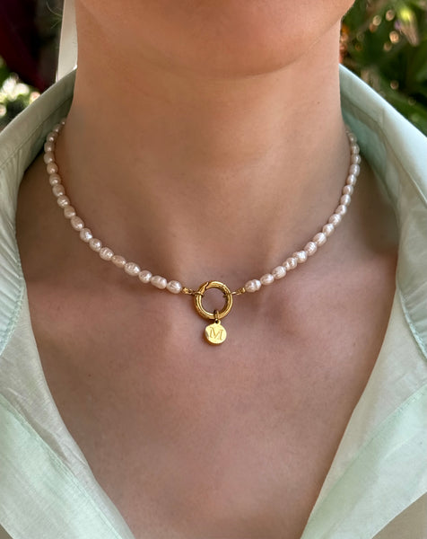 ALMYRA INITIAL NECKLACE WITH FRESHWATER PEARLS & HIGH QUALITY STAINLESS STEEL