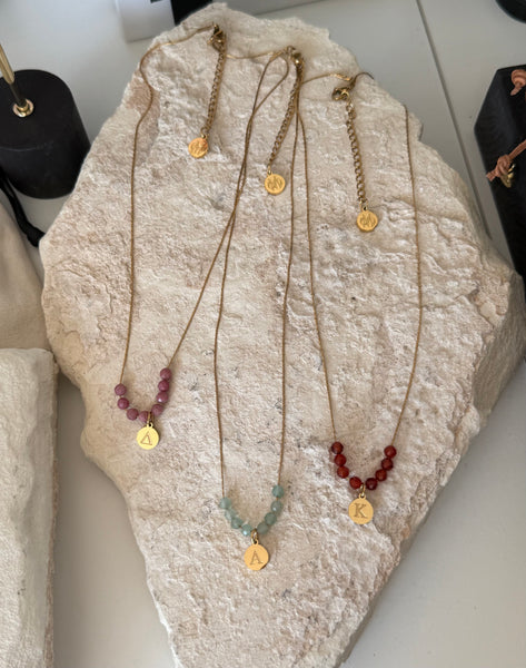 AVRA INITIAL NECKLACE WITH SEMI PRECIOUS STONES & HIGH QUALITY STAINLESS STEEL