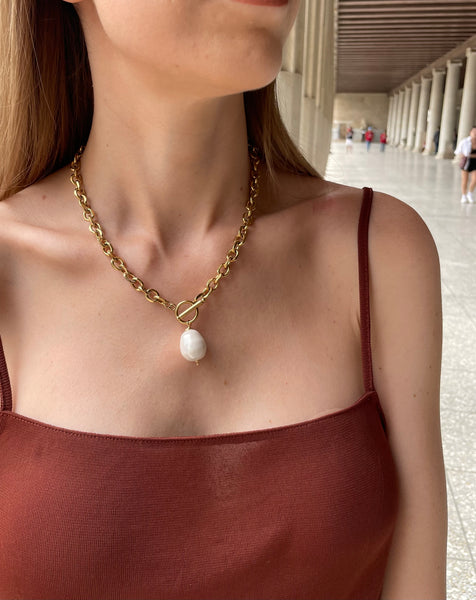 ZETA PEARL CHAIN NECKLACE WITH MOTHER OF PEARL & STAINLESS STEEL