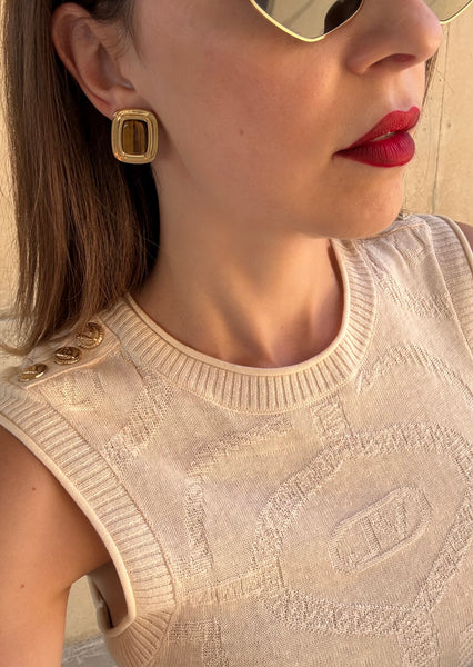 PENELOPE STUD GOLD & BROWN EARRINGS WITH SEMI PRECIOUS STONES IN HIGH QUALITY STAINLESS STEEL