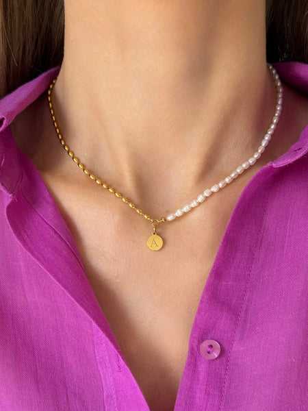 ALESIA INITIAL NECKLACE WITH FRESHWATER PEARLS & HIGH QUALITY STAINLESS STEEL