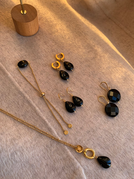 MONT SMALL BLACK EARRINGS WITH SEMI PRECIOUS STONES & 24K GOLD PLATED BRASS HOOKS