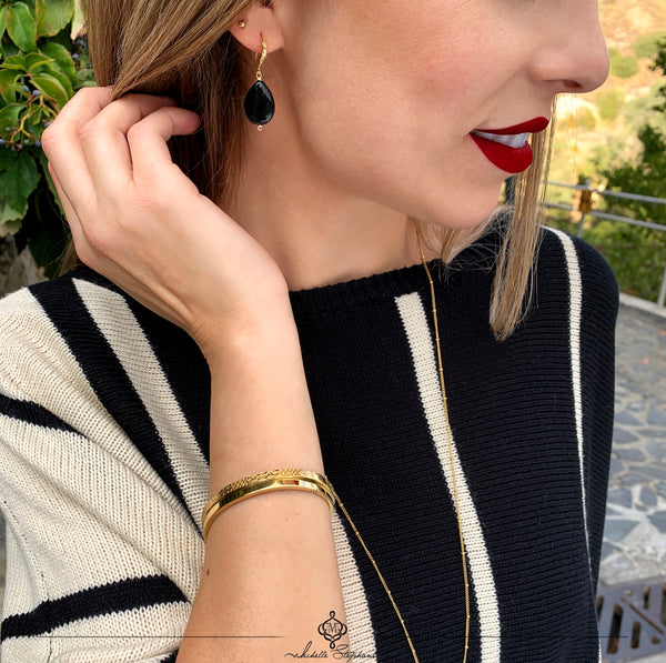 MONT SMALL BLACK EARRINGS WITH SEMI PRECIOUS STONES & 24K GOLD PLATED BRASS HOOKS