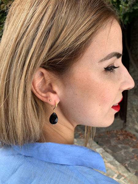 MONT SMALL BLACK EARRINGS WITH SEMI PRECIOUS STONES & 24K GOLD PLATED BRASS HOOKS