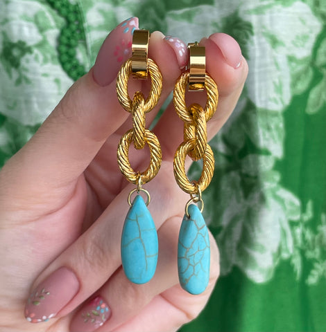 KALAIS TURQUOISE LONG EARRINGS WITH SEMI PRECIOUS STONES & STAINLESS STEEL HOOPS