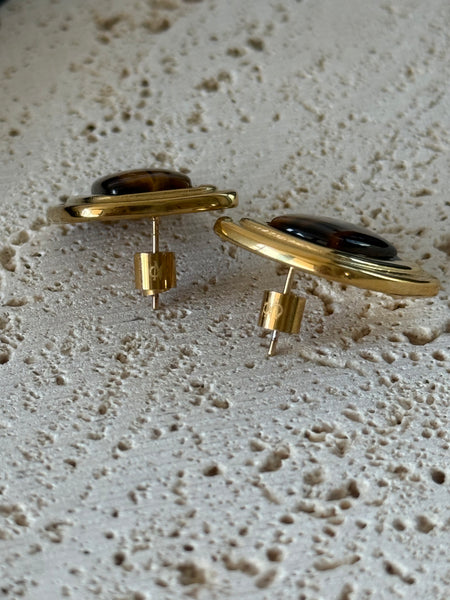 PENELOPE STUD GOLD & BROWN EARRINGS WITH SEMI PRECIOUS STONES IN HIGH QUALITY STAINLESS STEEL