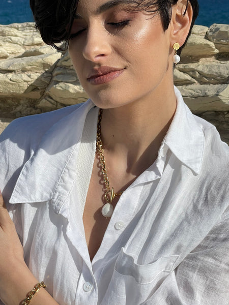 ZETA PEARL CHAIN NECKLACE WITH MOTHER OF PEARL & STAINLESS STEEL