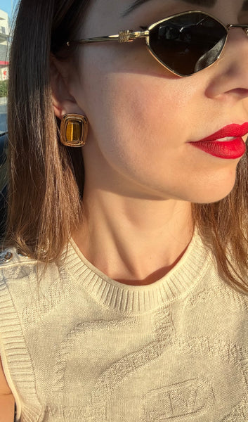 PENELOPE STUD GOLD & BROWN EARRINGS WITH SEMI PRECIOUS STONES IN HIGH QUALITY STAINLESS STEEL