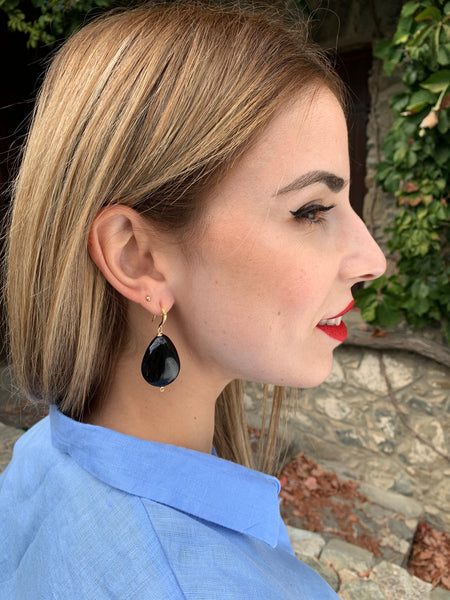 MONT MEDIUM  BLACK EARRINGS WITH SEMI PRECIOUS STONES & 24K GOLD PLATED BRASS HOOKS