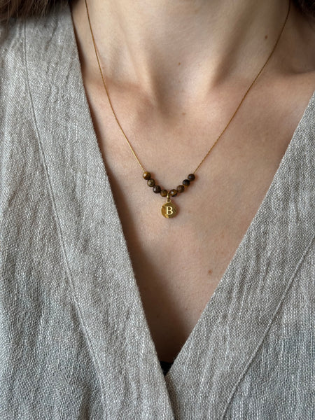 AVRA INITIAL NECKLACE WITH SEMI PRECIOUS STONES & HIGH QUALITY STAINLESS STEEL