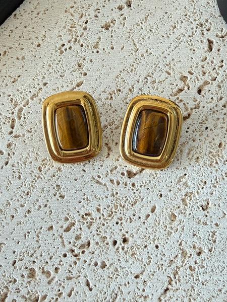 PENELOPE STUD GOLD & BROWN EARRINGS WITH SEMI PRECIOUS STONES IN HIGH QUALITY STAINLESS STEEL