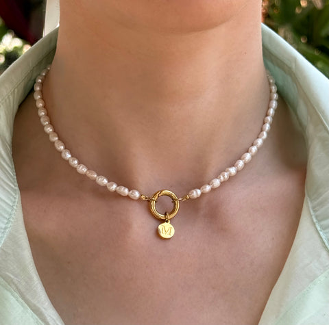 ALMYRA INITIAL NECKLACE WITH FRESHWATER PEARLS & HIGH QUALITY STAINLESS STEEL