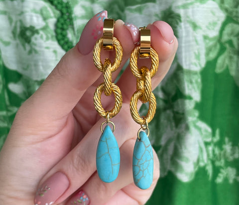 KALAIS TURQUOISE LONG EARRINGS WITH SEMI PRECIOUS STONES & STAINLESS STEEL HOOPS