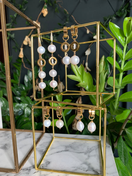 OPAL LONG EARRINGS WITH FRESHWATER PEARLS & 18K GOLD PLATED BRASS - CUBIC ZIRCONIA HOOKS