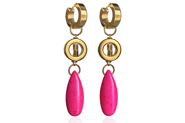 FLORENTIA FUXIA EARRINGS WITH SEMI PRECIOUS STONES & STAINLESS STEEL HOOPS
