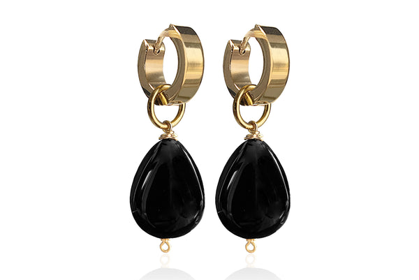 MONT SMALL  BLACK EARRINGS WITH SEMI PRECIOUS STONES & STAINLESS STEEL HOOPS