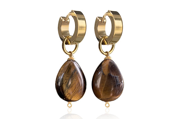 MONT SMALL BROWN EARRINGS WITH SEMI PRECIOUS STONES & STAINLESS STEEL HOOPS