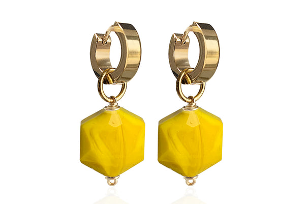 ZANIA YELLOW SINGLE STONE EARRINGS WITH SEMI PRECIOUS STONES & STAINLESS STEEL HOOPS