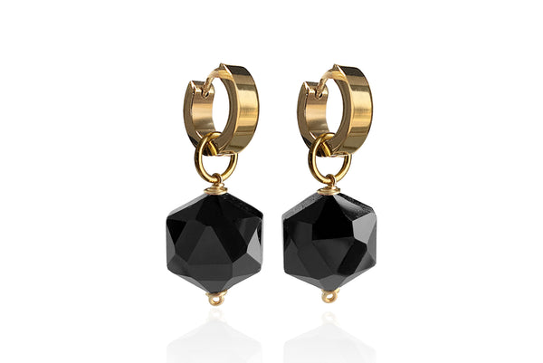 ZANIA BLACK SINGLE STONE EARRINGS WITH CRYSTALS & STAINLESS STEEL HOOPS