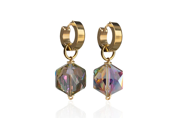 ZANIA IRIDIZED SINGLE STONE EARRINGS WITH CRYSTALS & STAINLESS STEEL HOOPS