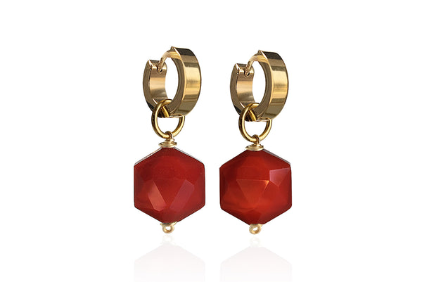 ZANIA RED SINGLE STONE EARRINGS WITH SEMI PRECIOUS STONES & STAINLESS STEEL HOOPS